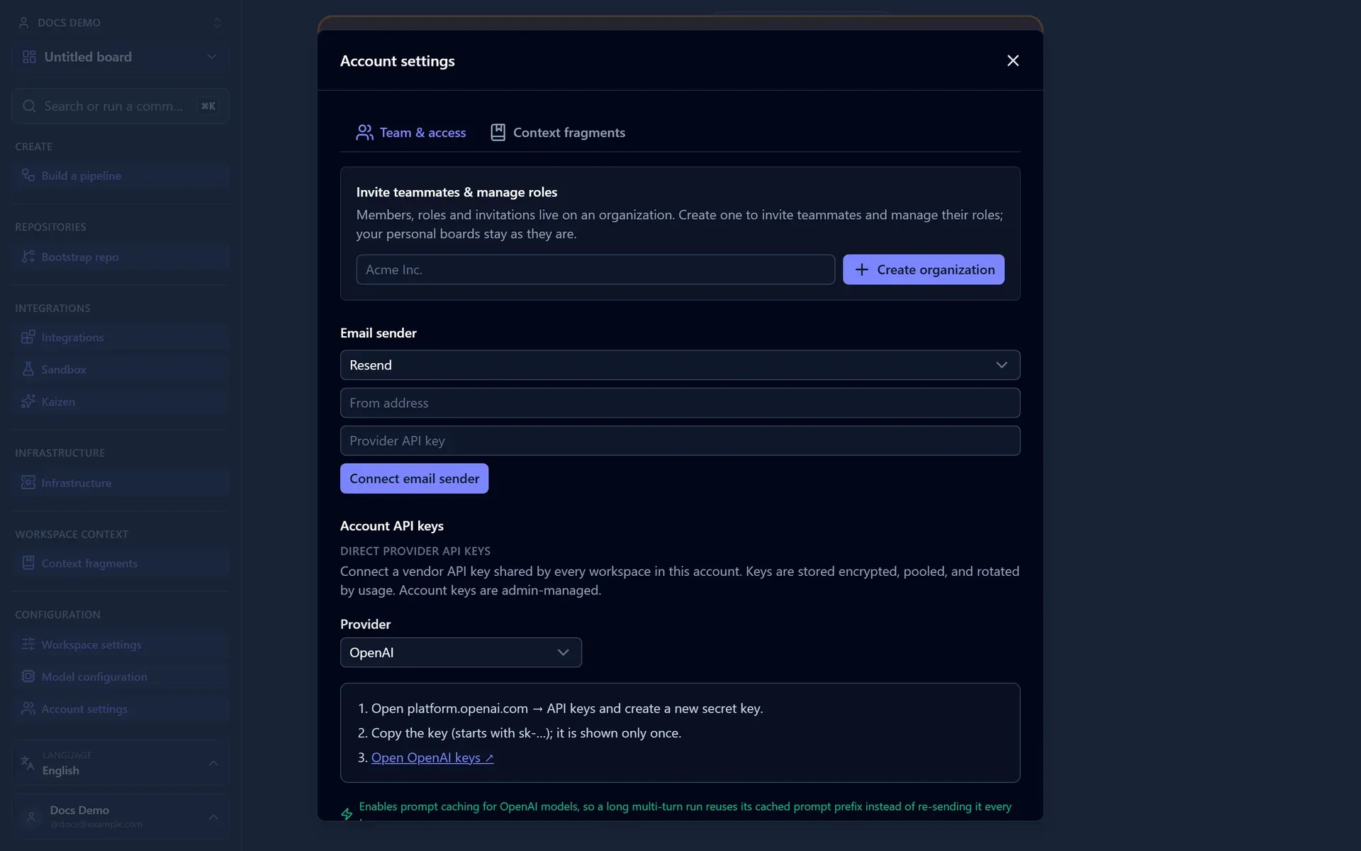 The Account settings panel on its Team & access tab: invite teammates and manage roles, the email sender, and account-scoped provider API keys
