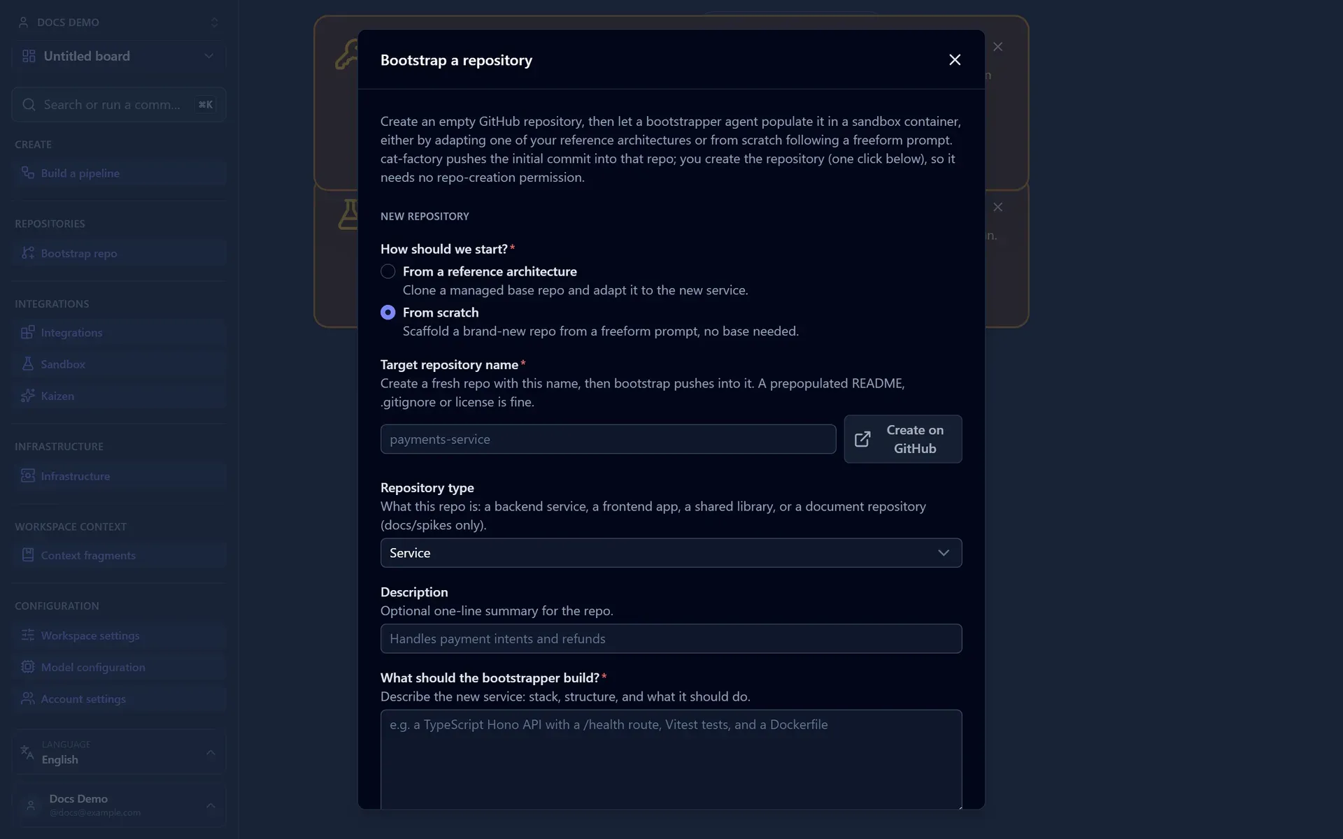 The Bootstrap a repository dialog: start from a reference architecture or from scratch, name the target repo, and describe what to build