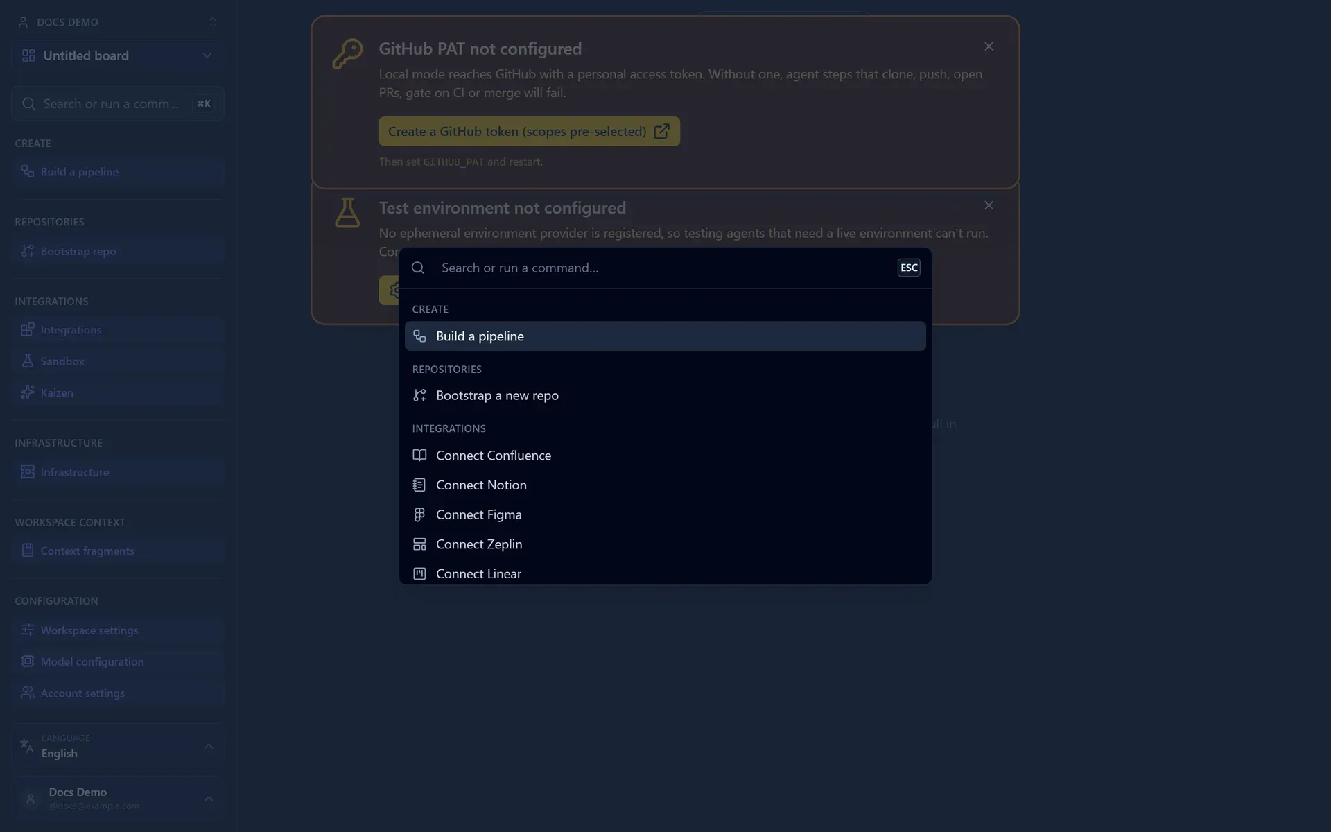 The command bar opened over the board, listing create, repository, and integration actions