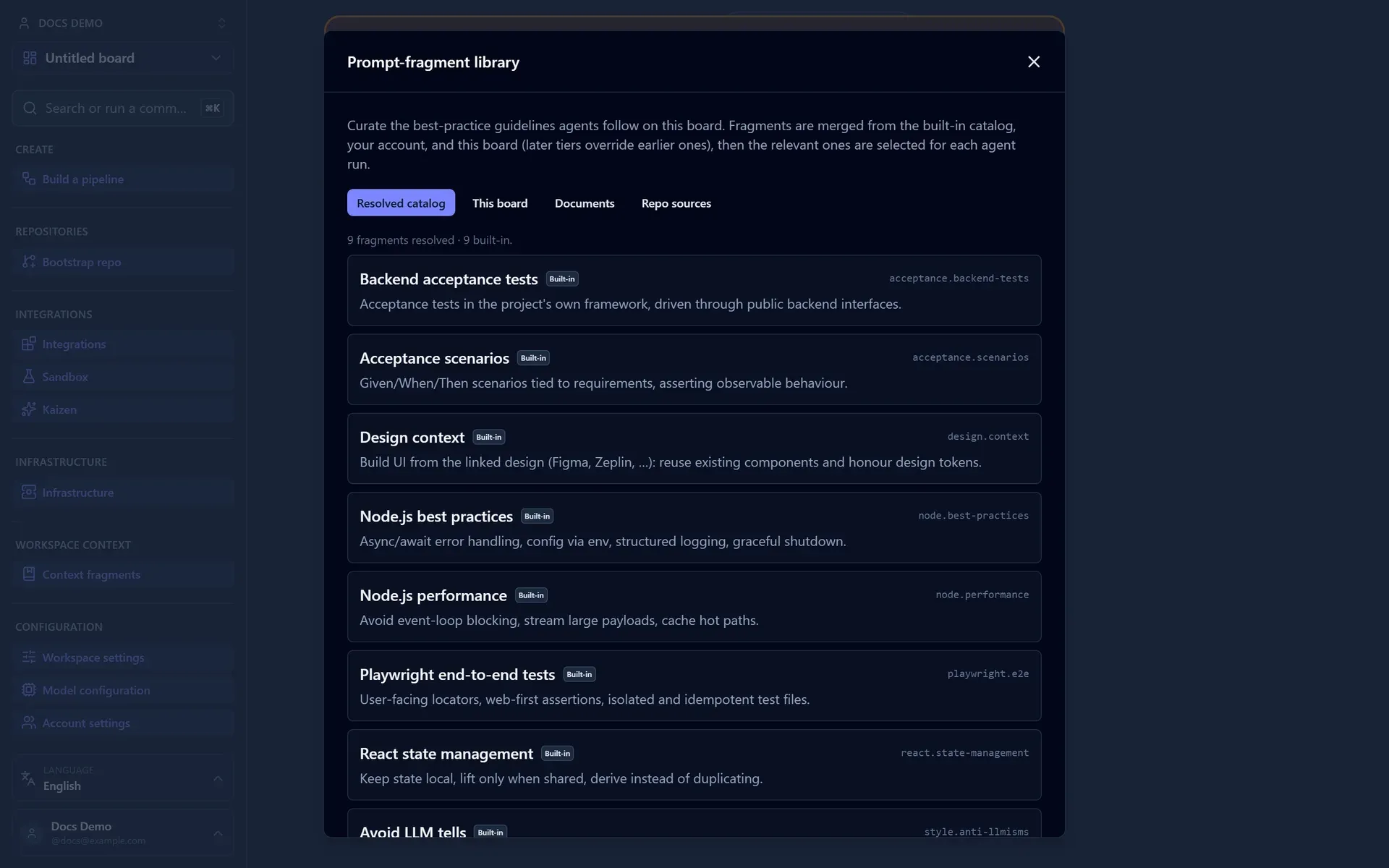 The prompt-fragment library's Resolved catalog listing built-in fragments such as backend acceptance tests, acceptance scenarios, and design context, with This board, Documents, and Repo sources tabs