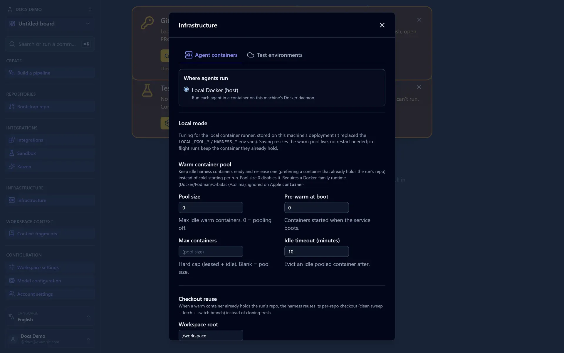 The Infrastructure panel's Agent containers tab: where agents run, warm container pool, and checkout reuse