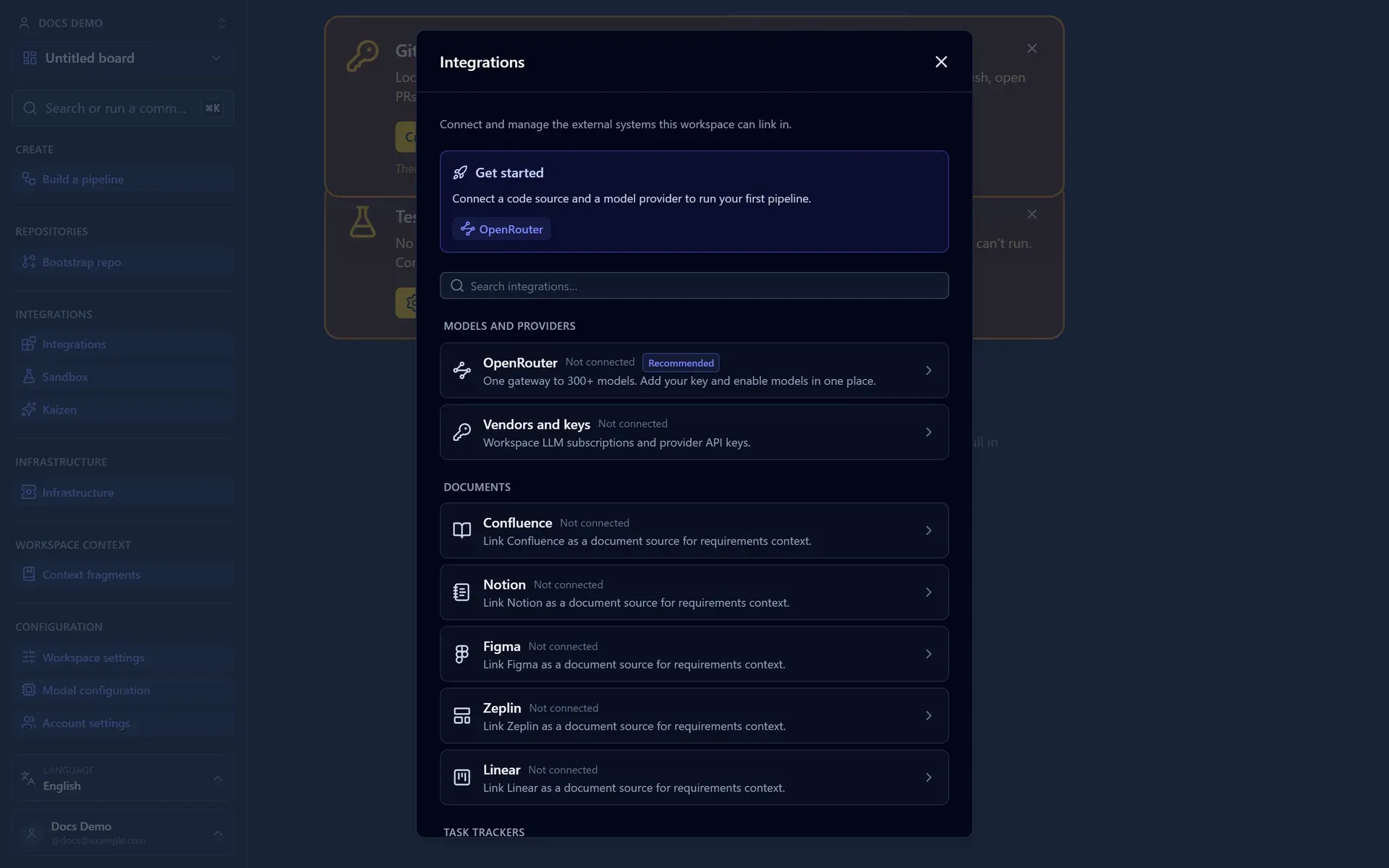 The Integrations panel listing OpenRouter, provider keys, and document sources such as Confluence, Notion, Figma, Zeplin, and Linear