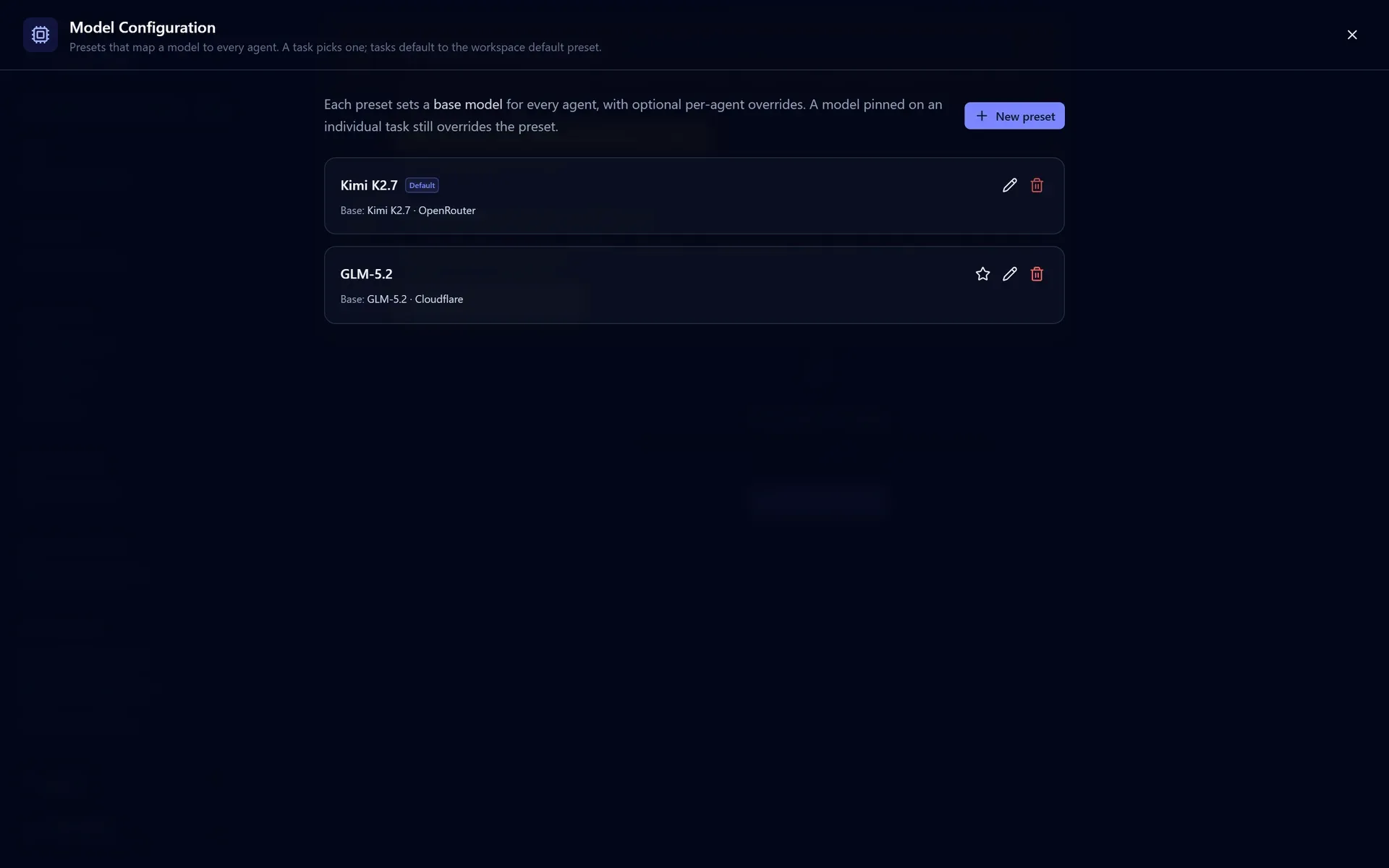 The Model Configuration panel listing the built-in model presets with their base models