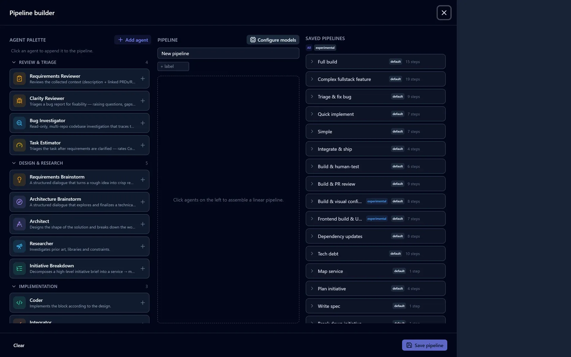 The pipeline builder: a categorized agent palette on the left, the pipeline draft in the middle, and the library of built-in pipelines with their step counts and default badges on the right
