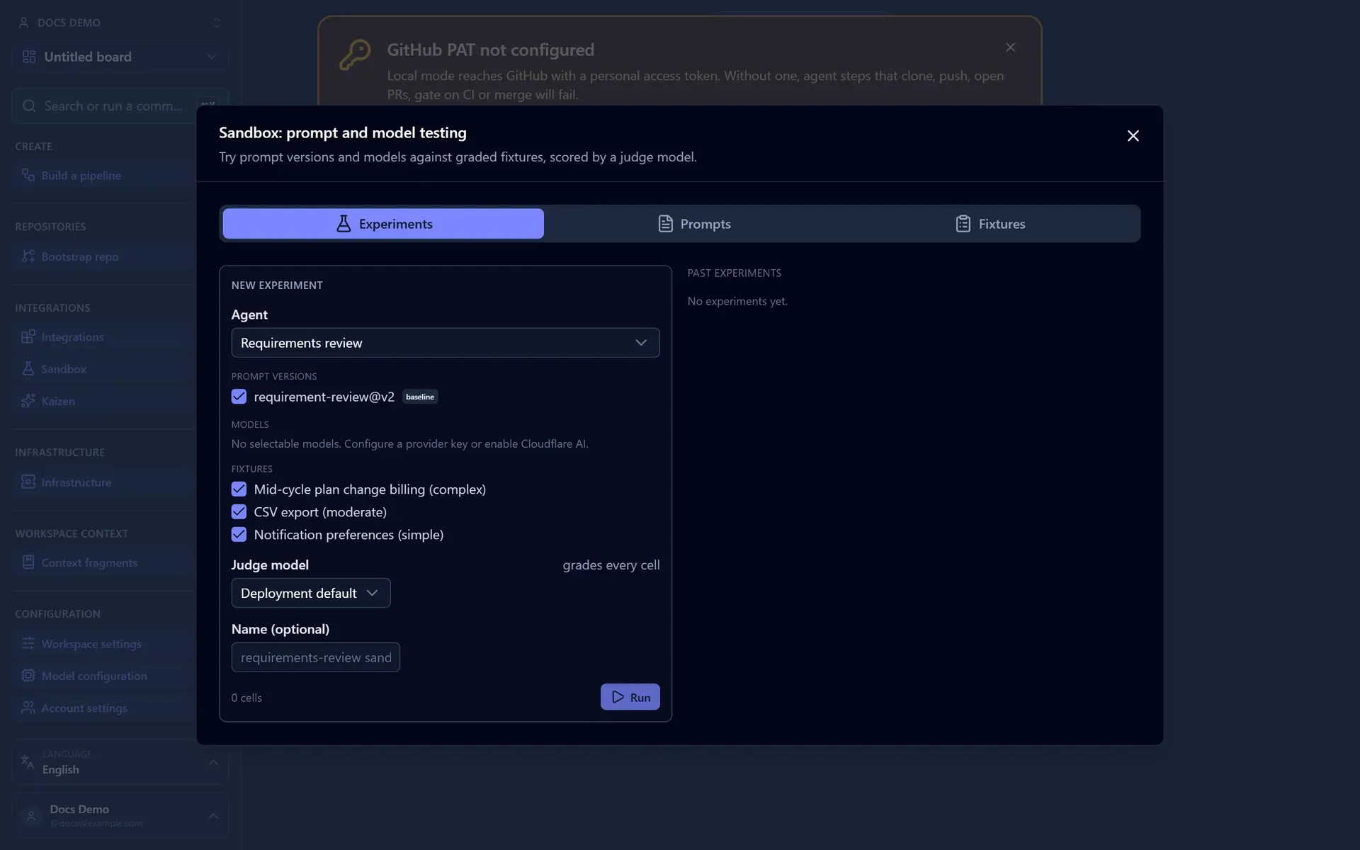 The Sandbox window on its Experiments tab: an agent kind, prompt versions, graded fixtures, and a judge model on the left, past experiments on the right