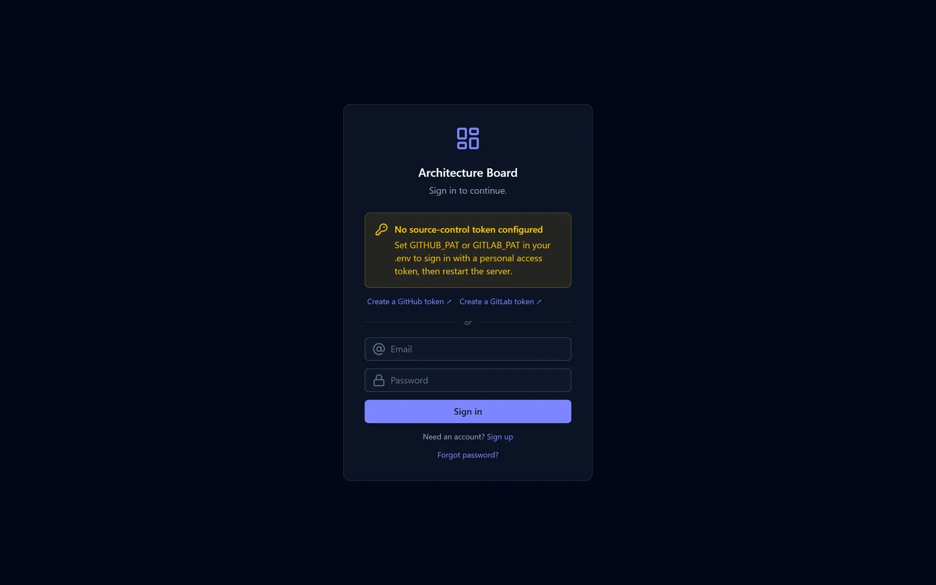 The local-mode login screen showing the no-token notice and the email/password form